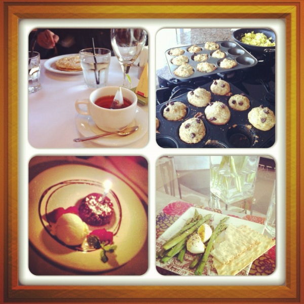 Clockwise: Breakfast at Coupa Cafe, Date Muffins and Banana Muffins made by me, Breakfast for one, Dessert at Cafe Roma