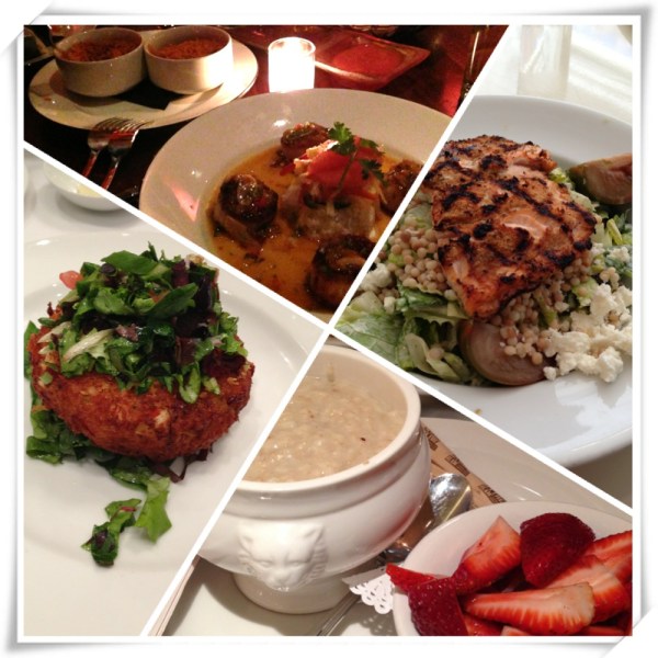 Scallops at Dos Caminos (delicious), Salmon at Whym (delicious), Breakfast at Raffles (not delicious), Crabcakes at Tra Dici (delicious)!