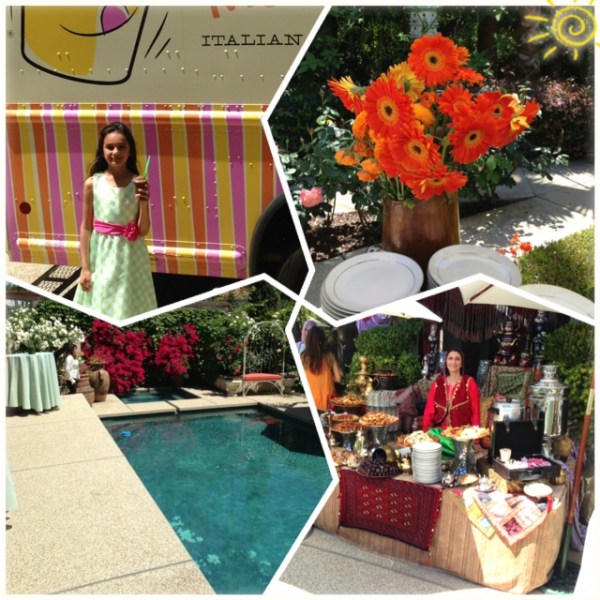 At the lunch on Saturday: Maya indulging in the Italian Ice Cream Truck, a pretty flower arrangement, the most amazing dessert station, the gorgeous pool.