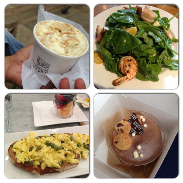 Banana pudding @ Magnolia Bakery, Shrimp salad @ La Bergamote, Chocolate cookie dough pudding @ Bouchon, Eggs @ Maison Kayser