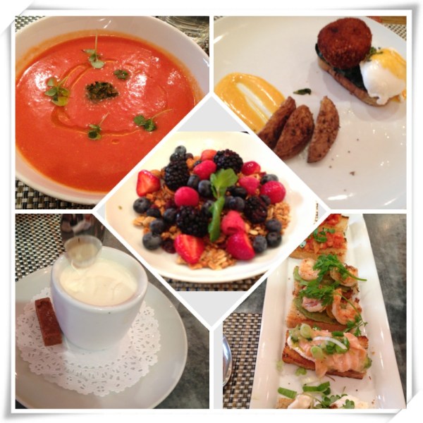 At Fig & Olive (one of my favorites!): Gazpacho, Crabcakes + Poached Eggs, Crostini, Pot de Creme, and Granola