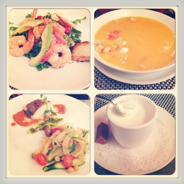 Lunch at our other favorite : Fig & Olive. Shrimp / Salmon Salad, Carrot + Ginger Soup, Chocolate Pot de Creme, Sea Bass