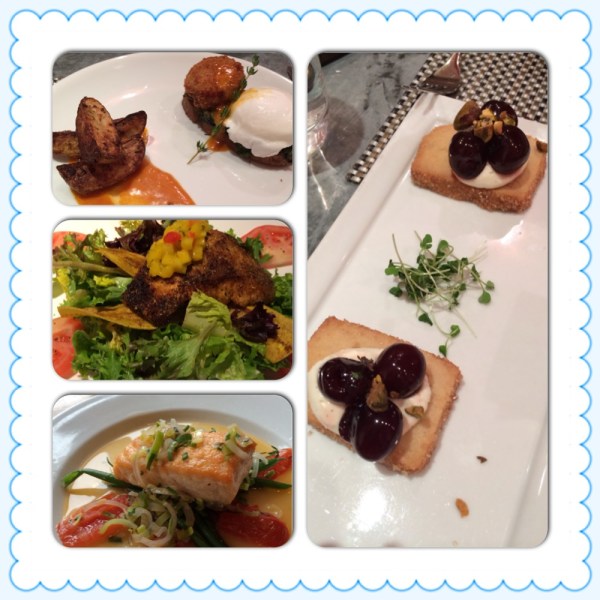A poached egg and crab cake @ Fig & Olive, crostini dessert @ Fig & Olive, salmon @ La Bergamote, salmon @ Tommy Bahama. (Tommy designs clothes and apparently dabbles in food. Who knew?)
