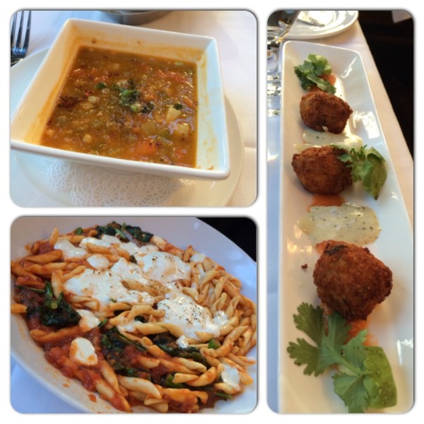 Lunch @ Bryant Park Grill : root vegetable soup, cod cakes, Ali's baked pasta