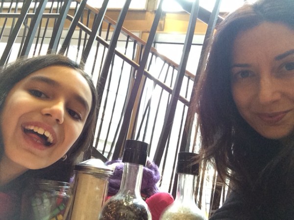 At Le Pain Quotidien...I suppose it's no surprise that she doesn't know how to clean a dish, since we're always eating out?