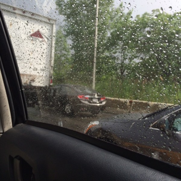 It took an hour to get to the airport thanks to traffic and rain. But I didn't mind because I wasn't on vomit-watch....